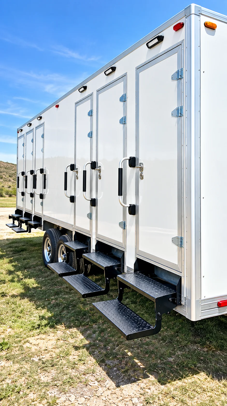 22ft Luxury Shower-Restroom Combination Trailer (6 Stalls): 22ft shower restroom combination trailer multiple entrances