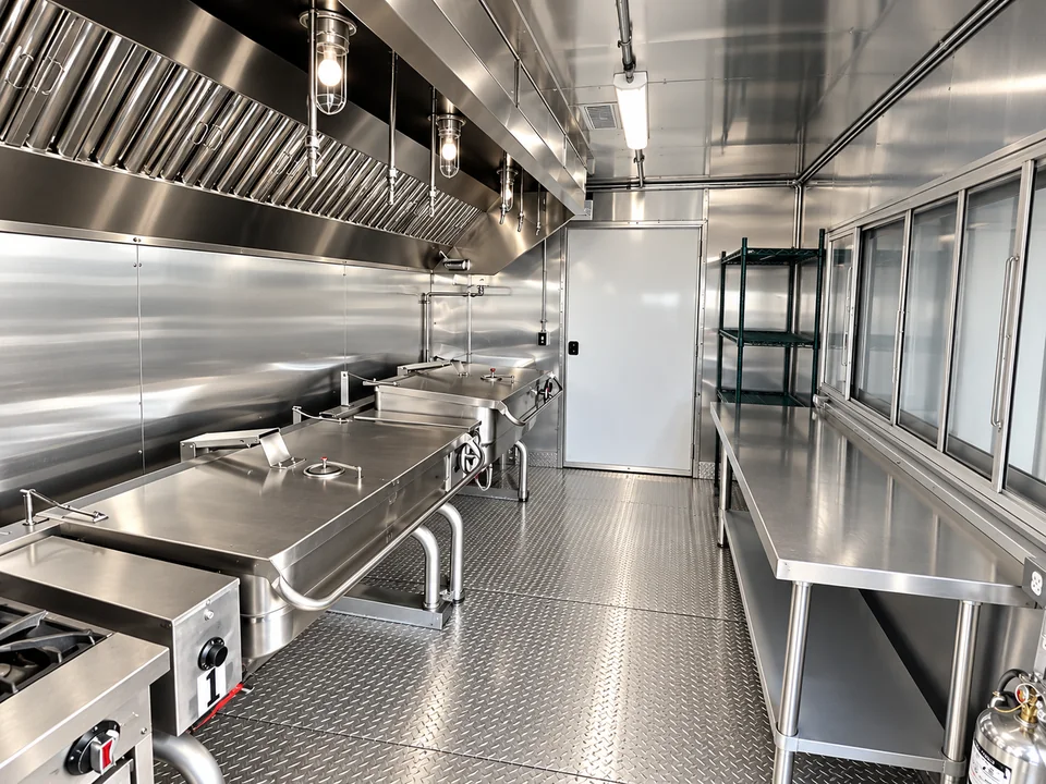 40ft Bulk Kitchen: Temporary commercial kitchen trailer tilting skillets prep area