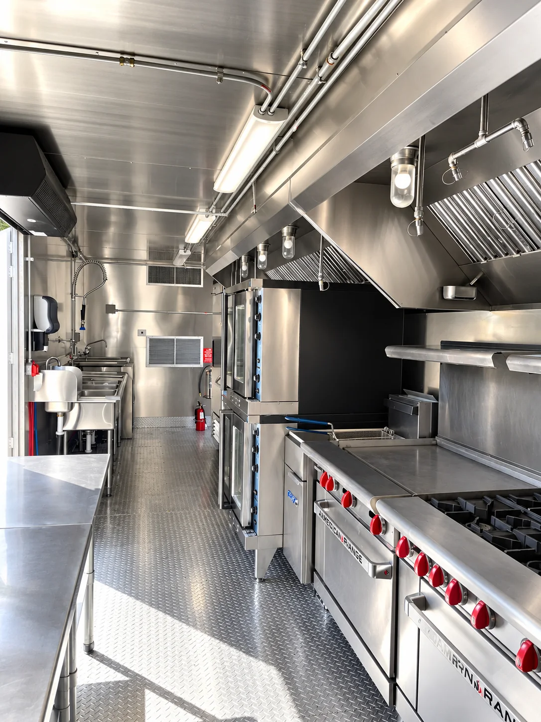 Pictured component for combined temporary facility planning: 40ft Mobile Combo Kitchen: Commercial kitchen trailer cooking line ventilation