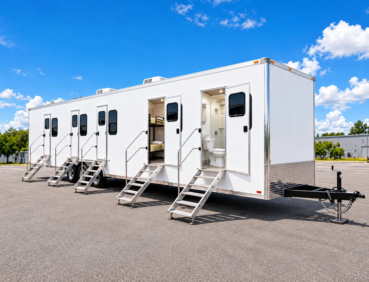Pictured component for combined temporary facility planning: Office, Sleeper and Shower-Restroom Trailer: Mobile office sleeper shower restroom trailer